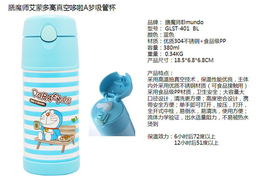 膳魔师艾蒙多高真空哆啦A梦吸管杯GLST-401  BL 380ML  价格：198元