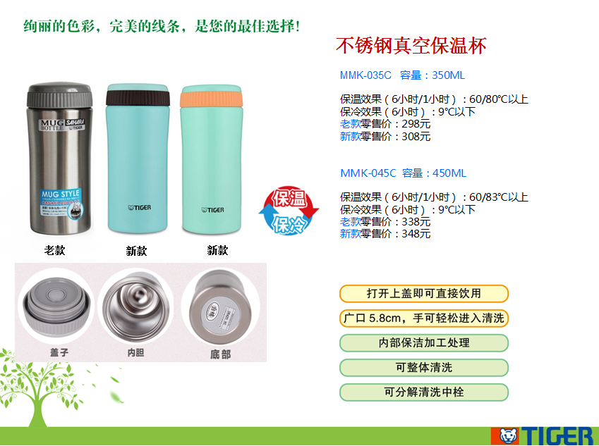 虎牌不锈钢真空保温杯350,450ML  价格：268,298元