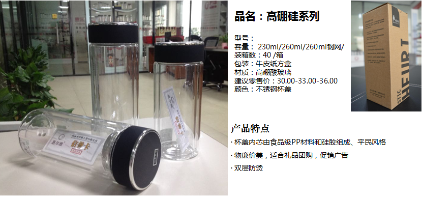 双层玻璃水杯230ml、260ml、260ml钢网  价格：15、16.8、18.8元